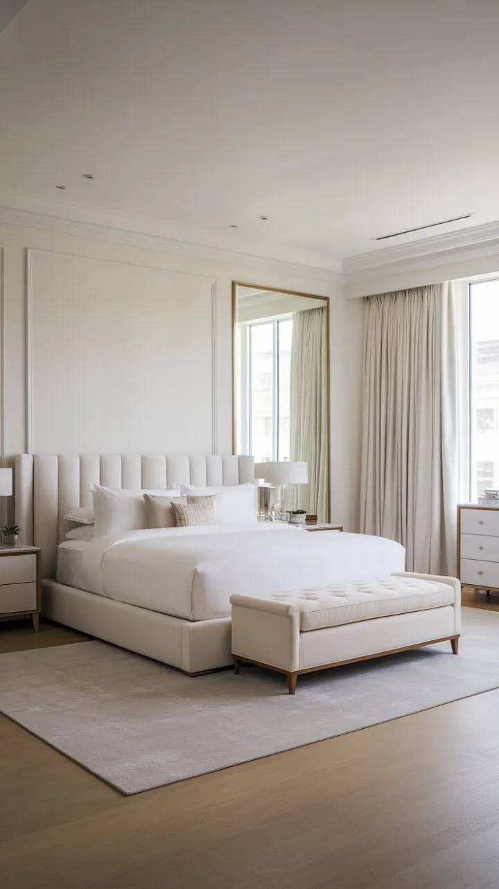 Experience tranquility in a sunlit minimalist bedroom, where a king-size bed and sleek furnishings create a serene escape.