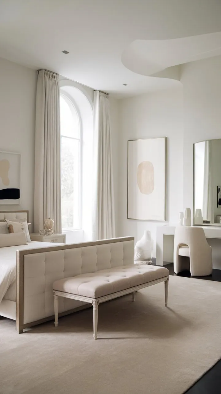 This bedroom exemplifies the elegance of minimalist design, where luxurious textures and clean lines create a serene yet stylish retreat.