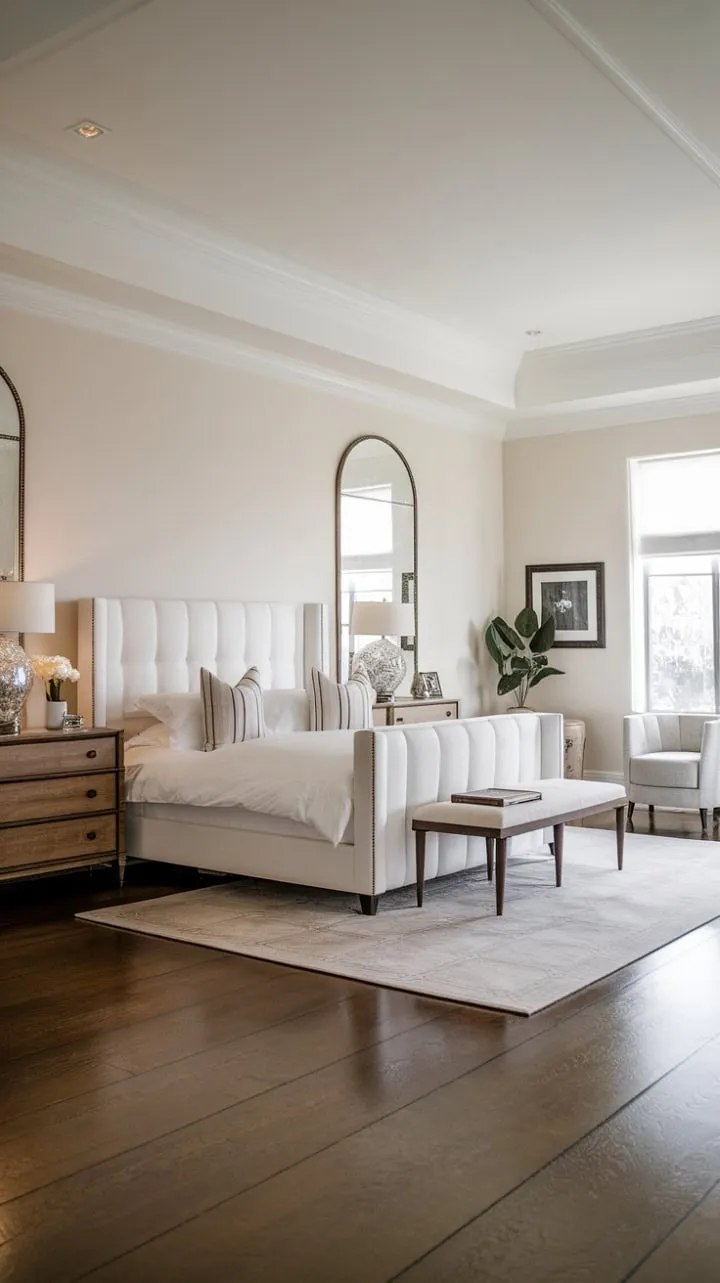 This master bedroom embodies refined simplicity, where clean lines and a soothing color palette converge to create a tranquil sanctuary.