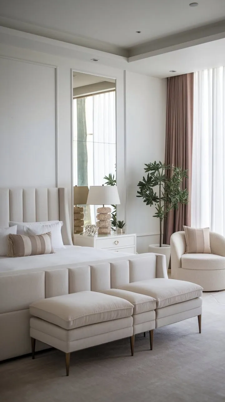 This serene bedroom embodies the beauty of minimalism, blending clean lines and luxurious fabrics for a stylish yet tranquil retreat.