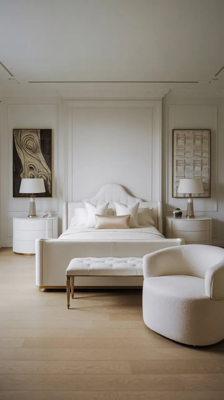 A tranquil retreat of minimalist elegance, where subtle colors and art harmonize to foster relaxation and contemporary sophistication.