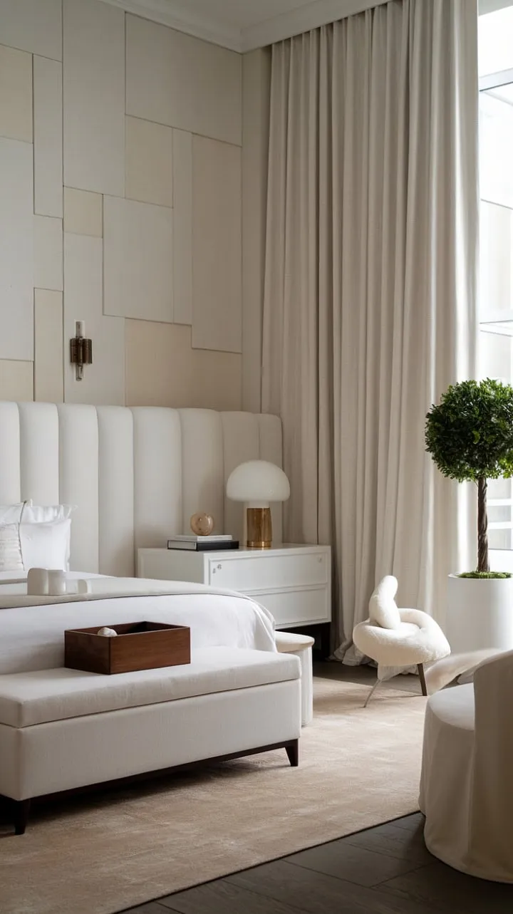 A tranquil retreat of minimalist elegance, where crisp whites and flowing fabrics harmonize to evoke a serene sense of quiet luxury.