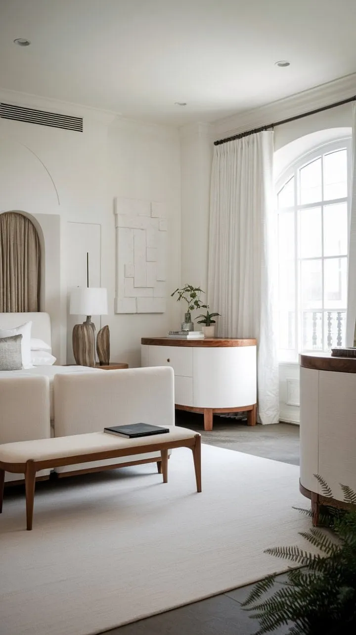 A tranquil haven of minimalist elegance, where warm wood tones and curated art foster mindful living and peaceful slumber.