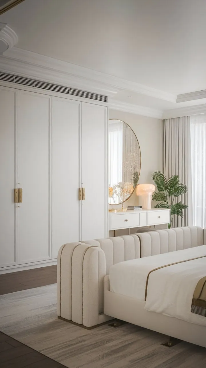 Experience tranquil luxury in this minimalist master bedroom, where a crisp white palette and elegant gold accents foster a serene sanctuary for restful nights and refreshing mornings.