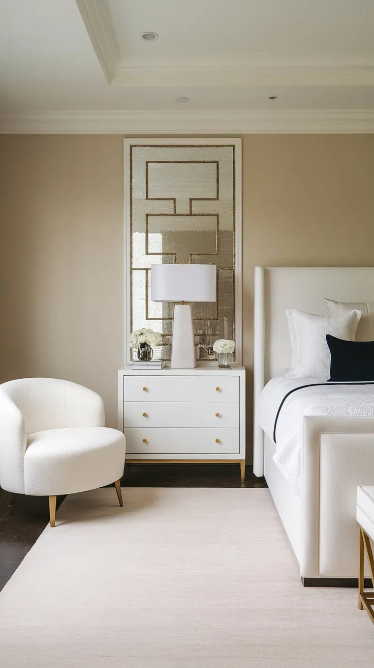 This exquisitely designed bedroom showcases the beauty of minimalist living. The clean lines, neutral palette, and carefully chosen accents-like the navy pillow and gold hardware-create a space that is both calming and undeniably chic. A haven of understated luxury.