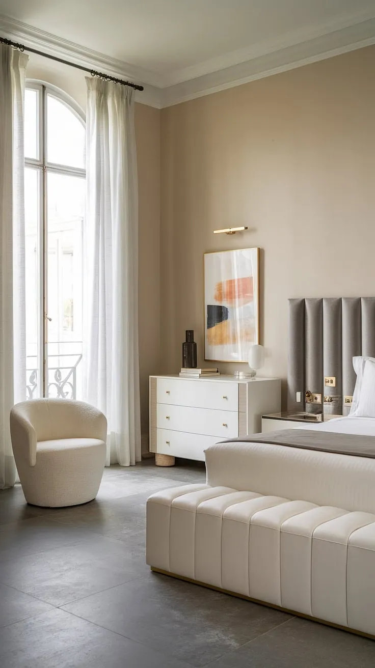Serene sanctuary. The minimalist design, soft beige walls, and gray tile floor create a calming atmosphere, perfectly complemented by the luxurious white upholstered bed and subtle pops of color. A haven of tranquility where A restful night's sleep is guaranteed.