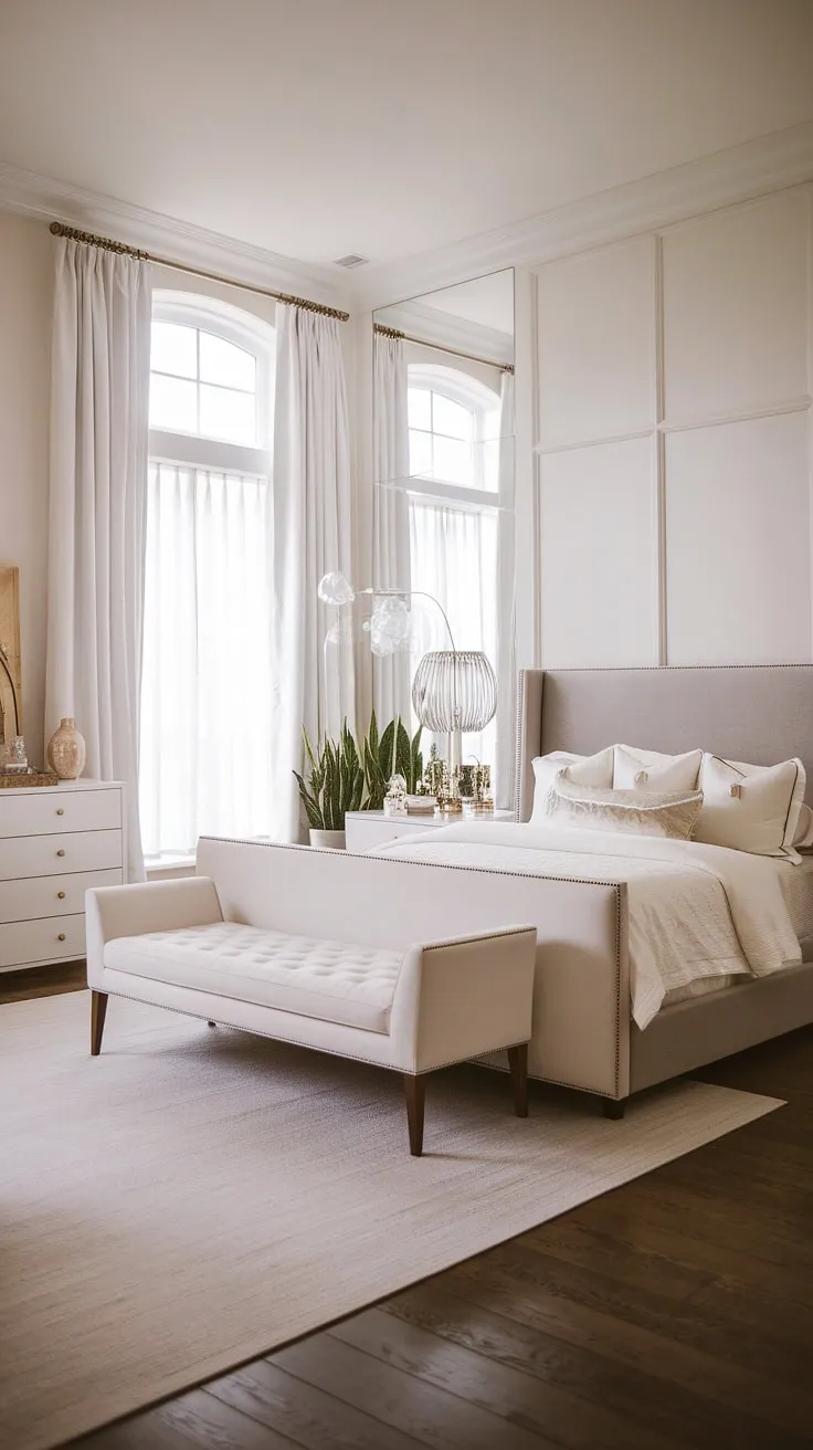 Serene sanctuary. The minimalist design and calming white palette create a haven of tranquility, punctuated by subtle pops of color and the warmth of natural light streaming through the large window. A perfect blend of modern luxury and understated elegance.