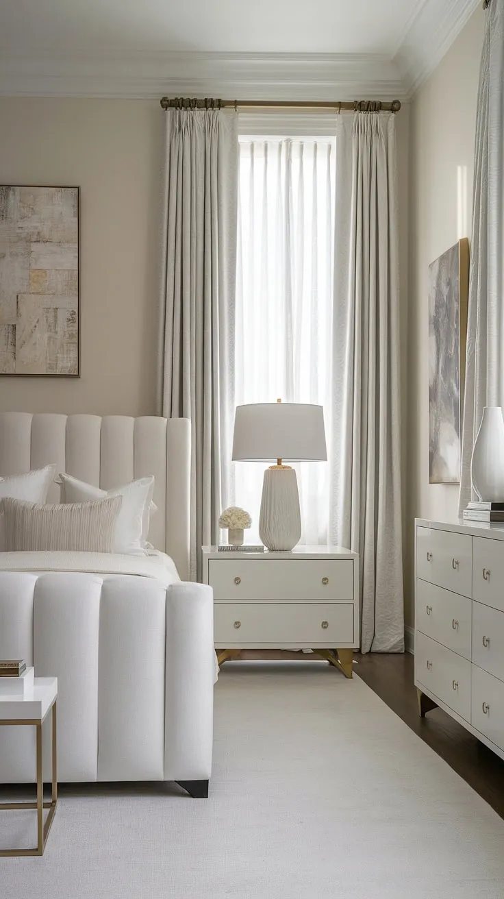 Serene sanctuary. The minimalist aesthetic creates a haven of calm, where every detail, from the crisp white headboard to the carefully curated artwork, contributes to a feeling of understated luxury. A space designed for restful nights and peaceful mornings. A true testament to elegant simplicity.