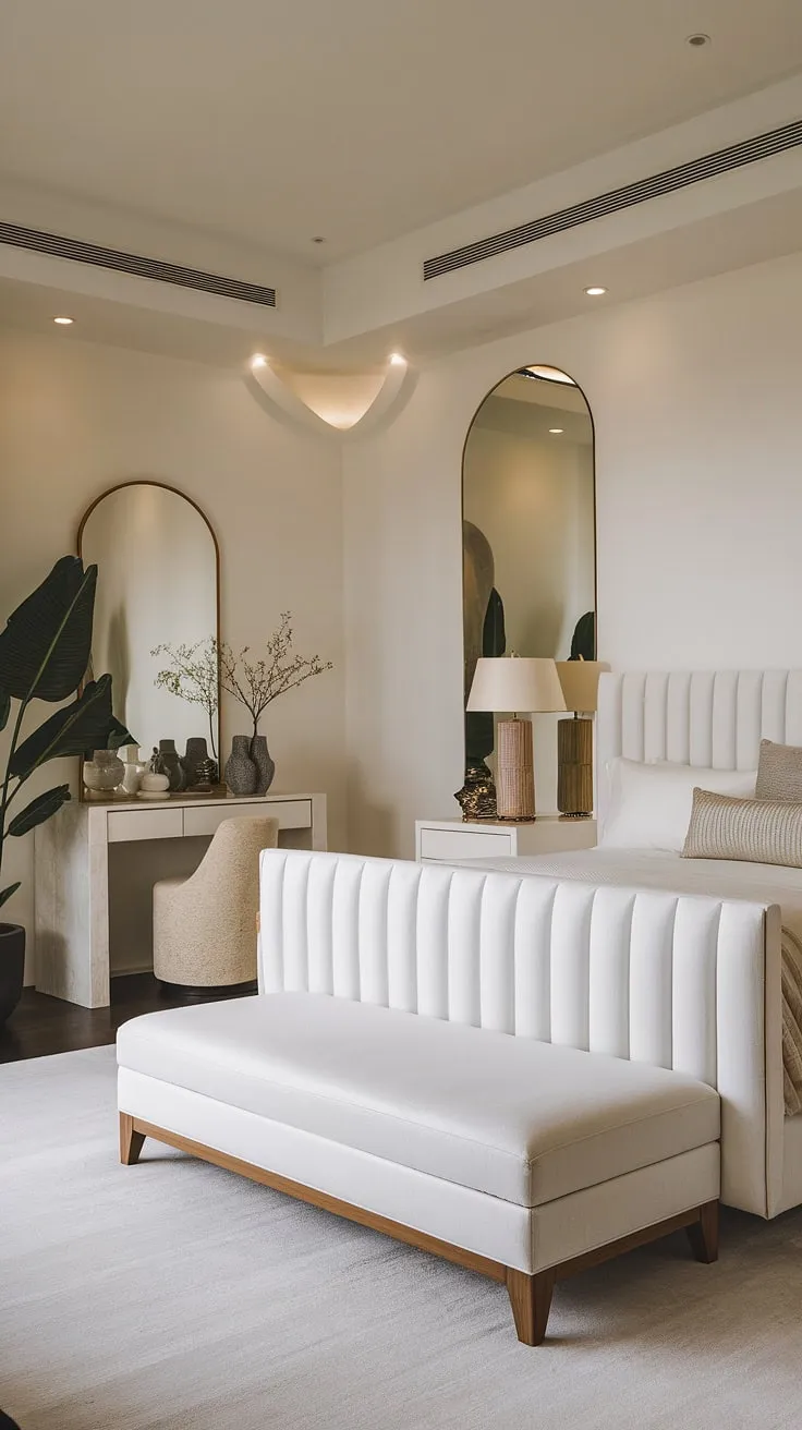 A minimalist dream realized. This pristine white bedroom, accented with carefully chosen elements, offers a sophisticated retreat. A space where calm reigns supreme, inviting relaxation and peaceful slumber.