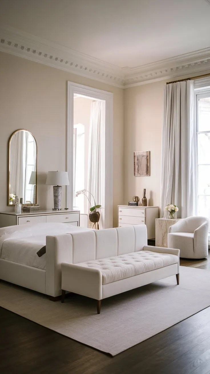 Serenity redefined. This minimalist bedroom, bathed in natural light and featuring a crisp white palette, offers a sanctuary of calm and understated elegance. The dark wood floors provide a grounding contrast, while carefully chosen accents add subtle personality. A perfect example of how less can truly be more.