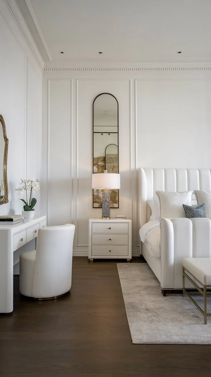 Serene simplicity defines this minimalist bedroom. The crisp white palette, complemented by the rich dark wood floor, creates a haven of calm and understated elegance. A perfect sanctuary for restful nights and peaceful mornings.