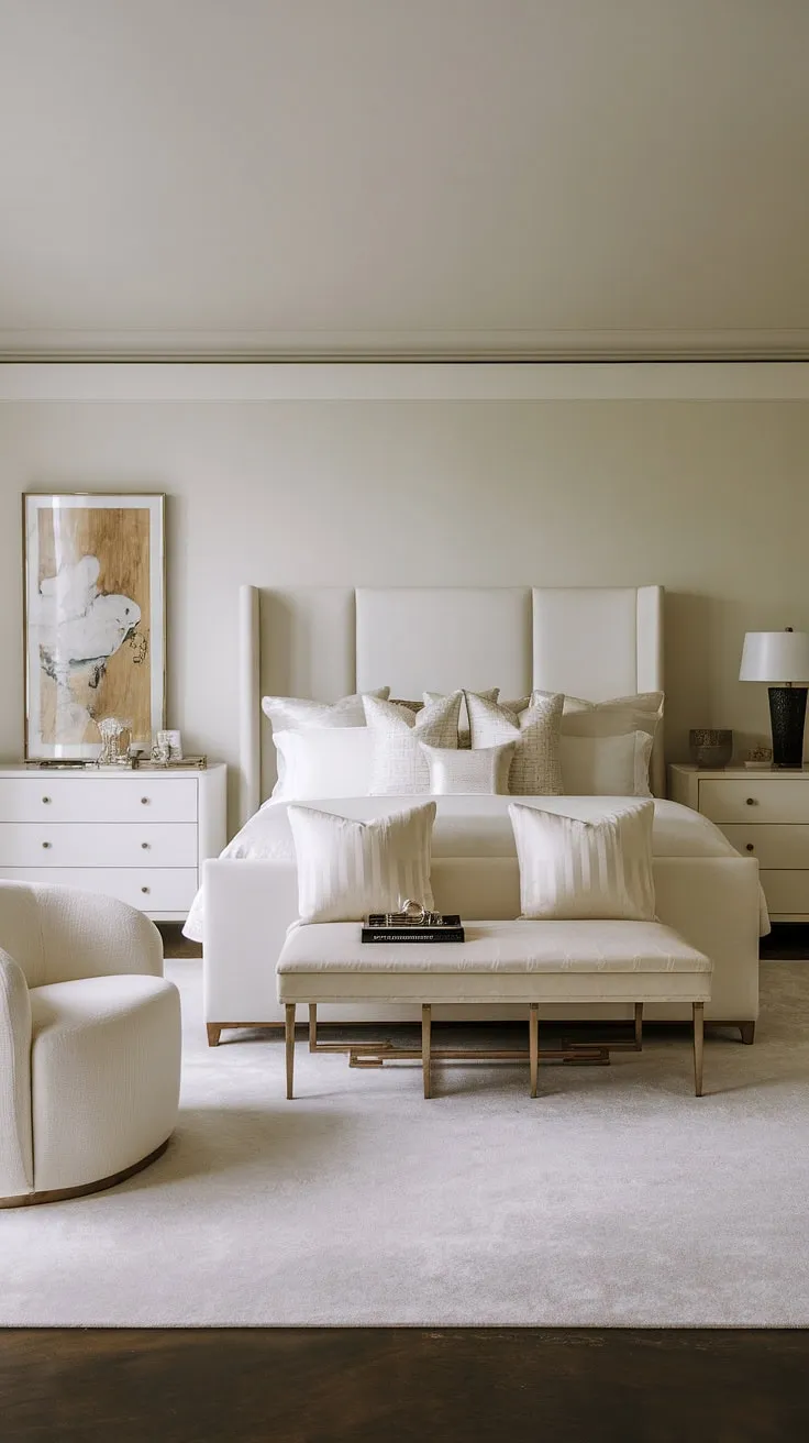 A sanctuary of serenity. The minimalist design, crisp white palette, and luxurious textures create a master bedroom that's both calming and sophisticated. A space where rest and rejuvenation are paramount.