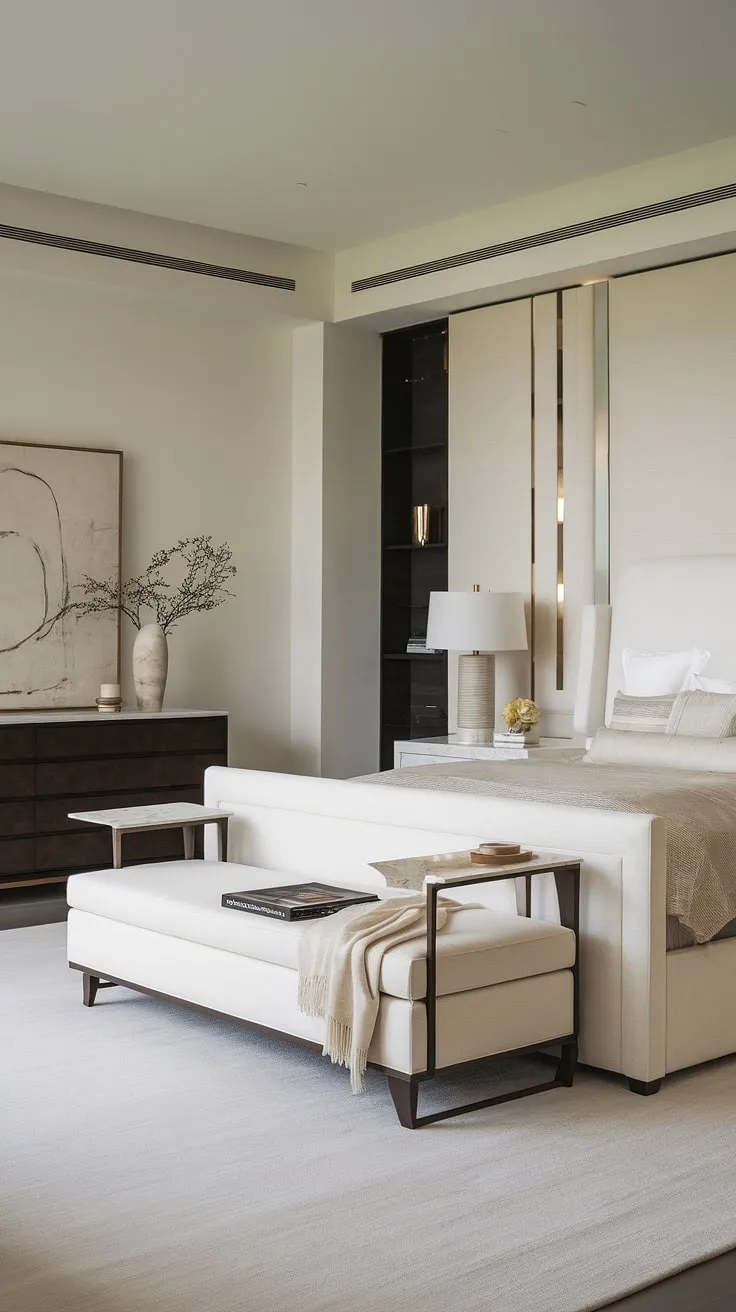 A sanctuary of calm, where minimalist design meets luxurious comfort. The crisp white palette, accented by dark wood and plush textures, creates a serene and sophisticated bedroom escape. A perfect blend of form and function, this space embodies understated elegance.