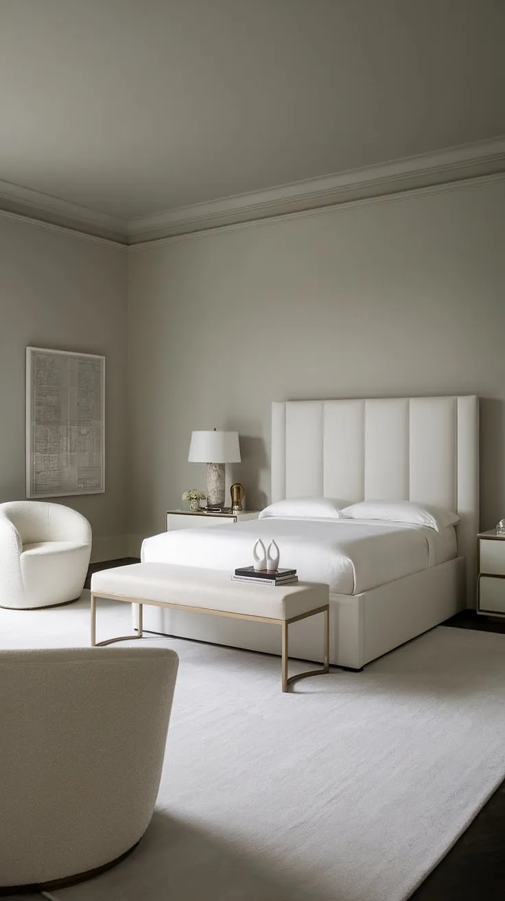 This serene bedroom is a testament to the power of minimalist design. The all-white palette, punctuated by the soft grey walls, creates a feeling of spaciousness and tranquility. Every detail, from the plush bedding to the carefully chosen accessories, contributes to an atmosphere of refined comfort.