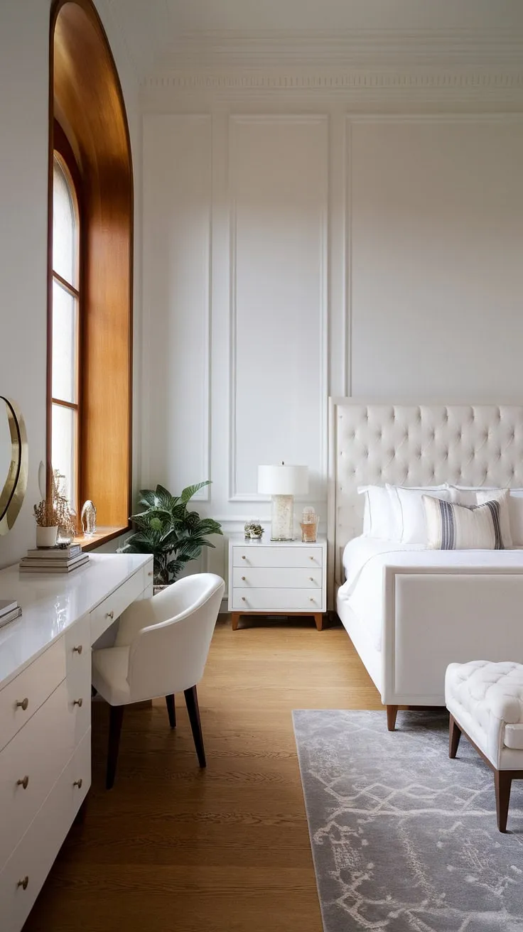 Serenity redefined. This minimalist haven, bathed in natural light from the large window, offers a sanctuary of calm. The clean lines and luxurious white upholstery create a space that's both elegant and effortlessly chic. A perfect blend of modern design and understated luxury.