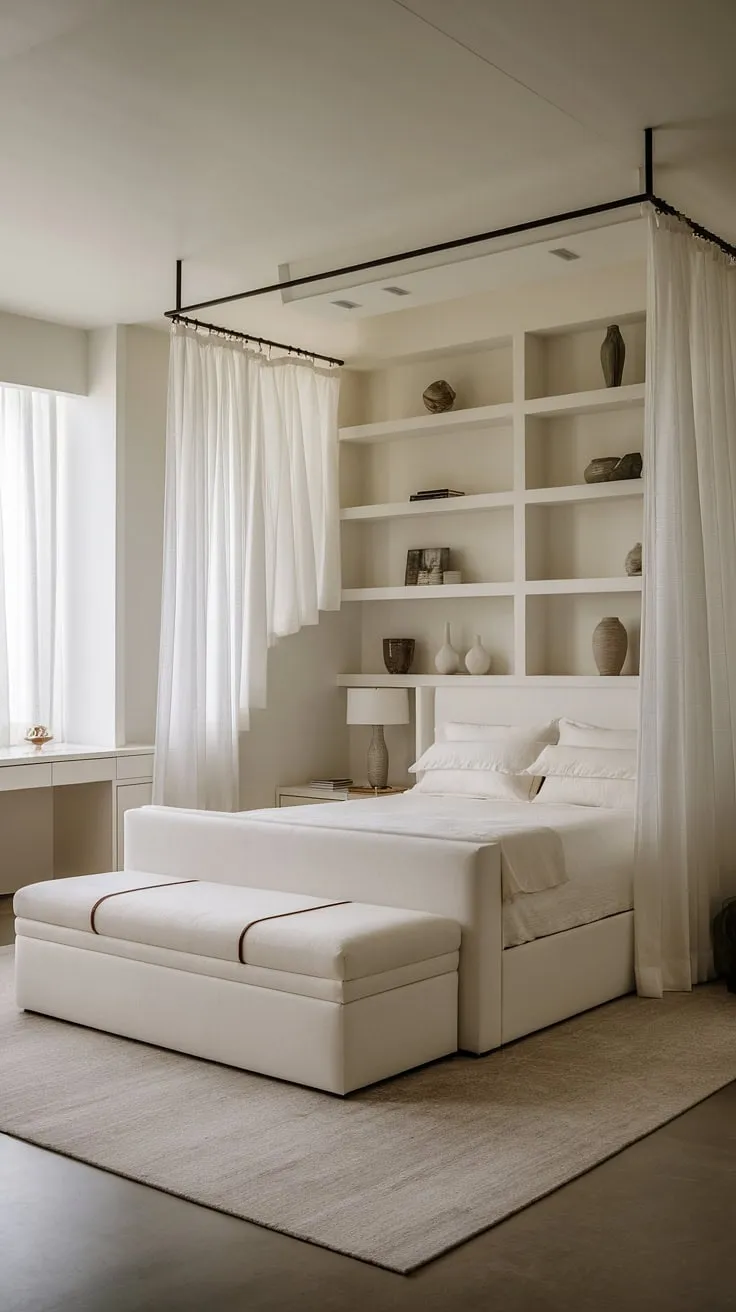 Wake up to serenity in this minimalist haven. The clean lines and calming white palette create a sanctuary of peace, perfectly complemented by the subtle texture of the beige rug and the understated elegance of the furniture. A space designed for mindful living and effortless style.