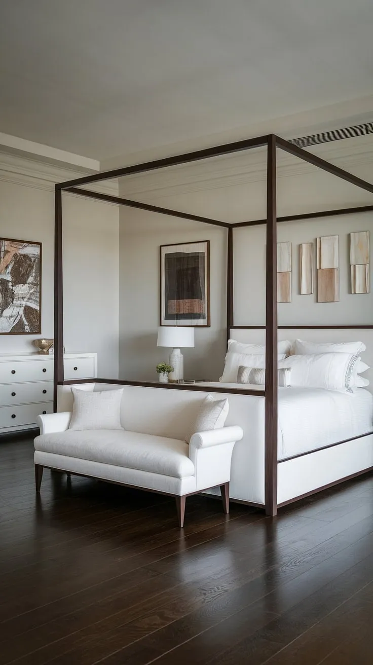 A sophisticated haven of calm. This bedroom's clean lines and carefully curated details-from the white bed to the dark wood flooring-exude a sense of refined luxury. A testament to the power of minimalist design.