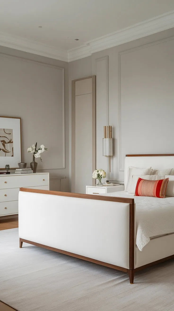 Wake up to understated elegance in this minimalist haven. The soft gray walls and light wood floors create a serene atmosphere, perfectly complemented by the crisp white bedding and carefully chosen pops of color. A sanctuary of calm, designed for restful nights and rejuvenating mornings.