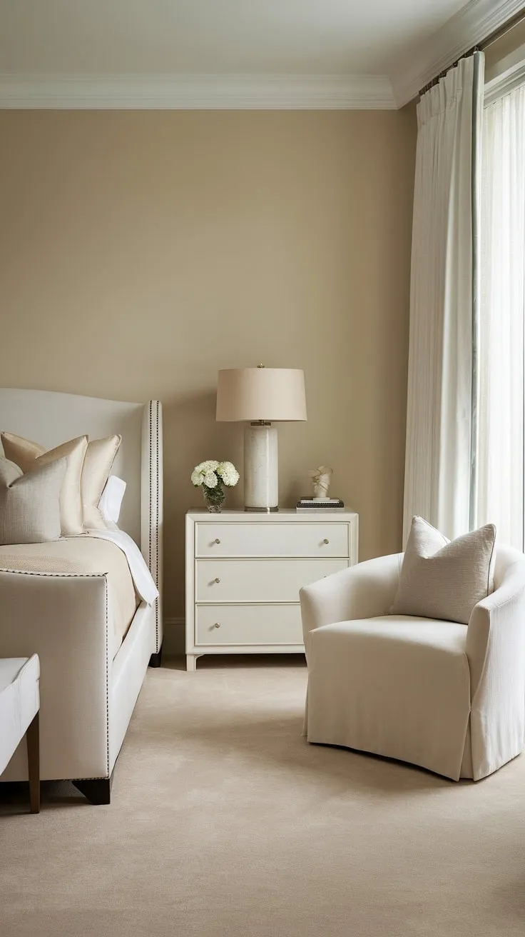 Wake up to serenity in this minimalist master bedroom. The soft beige palette, luxurious white upholstery, and ample natural light create a haven of calm and sophisticated style. A perfect blend of comfort and understated elegance.