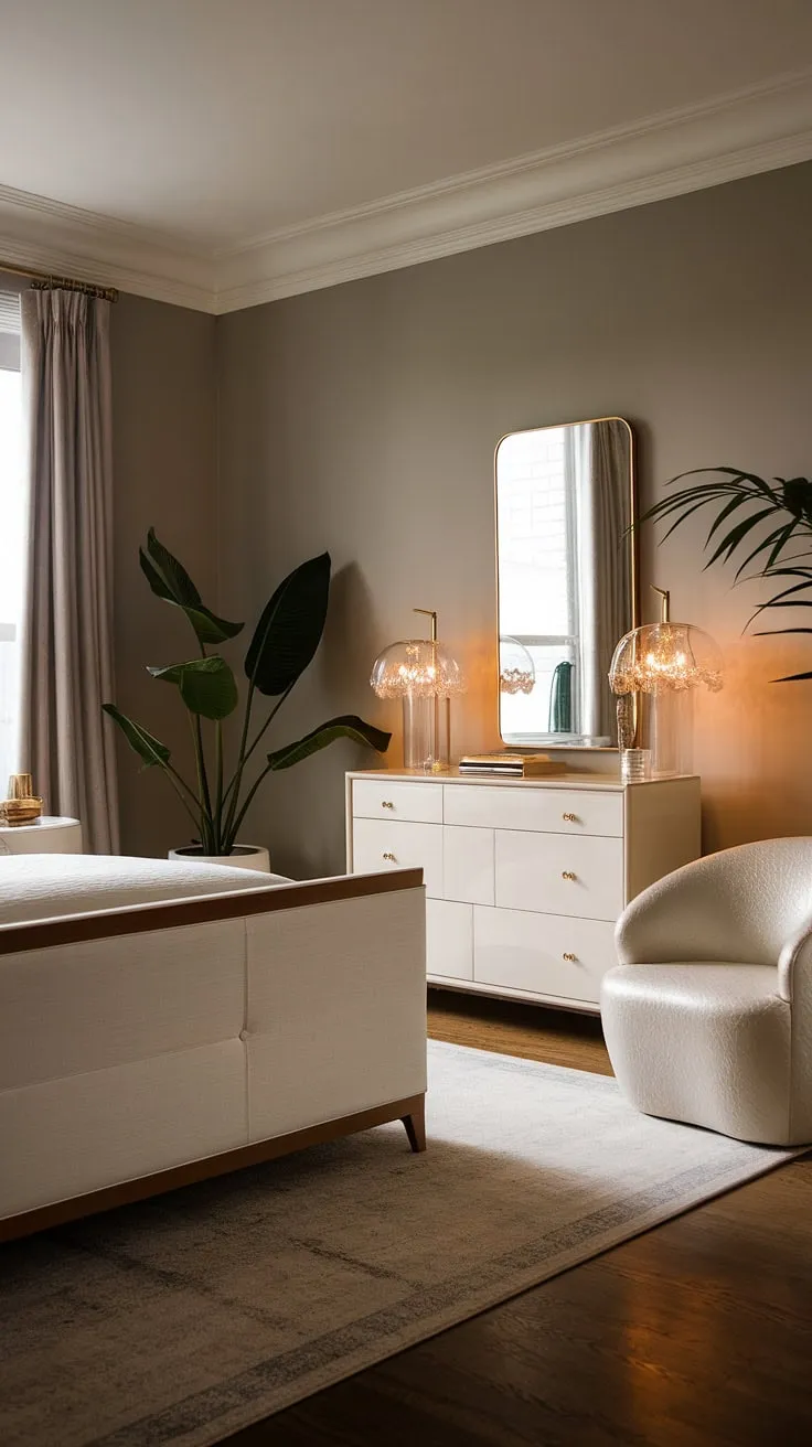 Indulge in the serenity of this minimalist bedroom. The soft gray walls, luxurious white furnishings, and calming plants create a haven of tranquility, perfect for unwinding after a long day. A space designed for restful slumber and peaceful mornings.