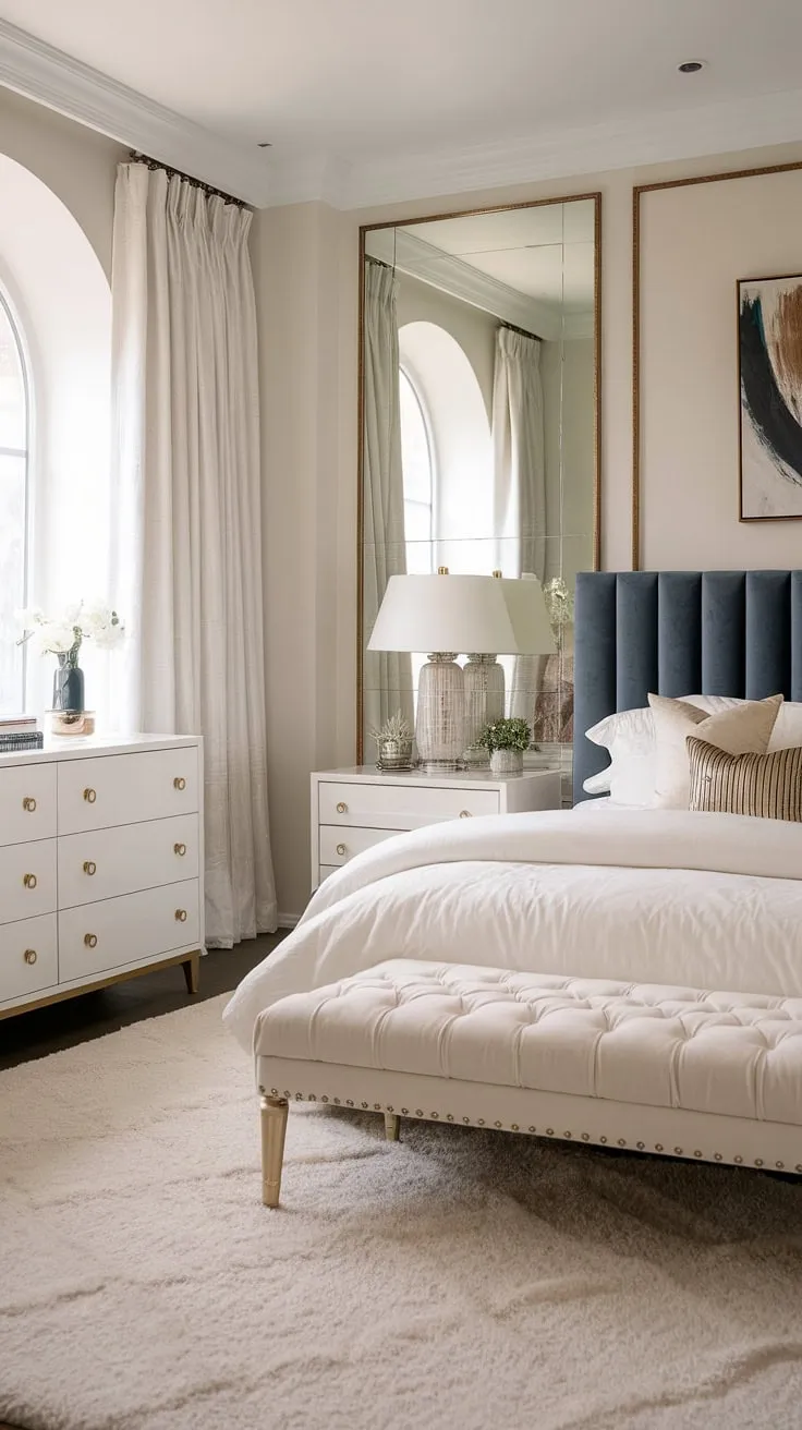 Wake up to understated elegance in this modern bedroom. The calming white palette is punctuated by the deep indigo velvet headboard and gold accents, creating a space that is both luxurious and inviting. A sanctuary of tranquility, designed for restful nights and rejuvenating mornings.