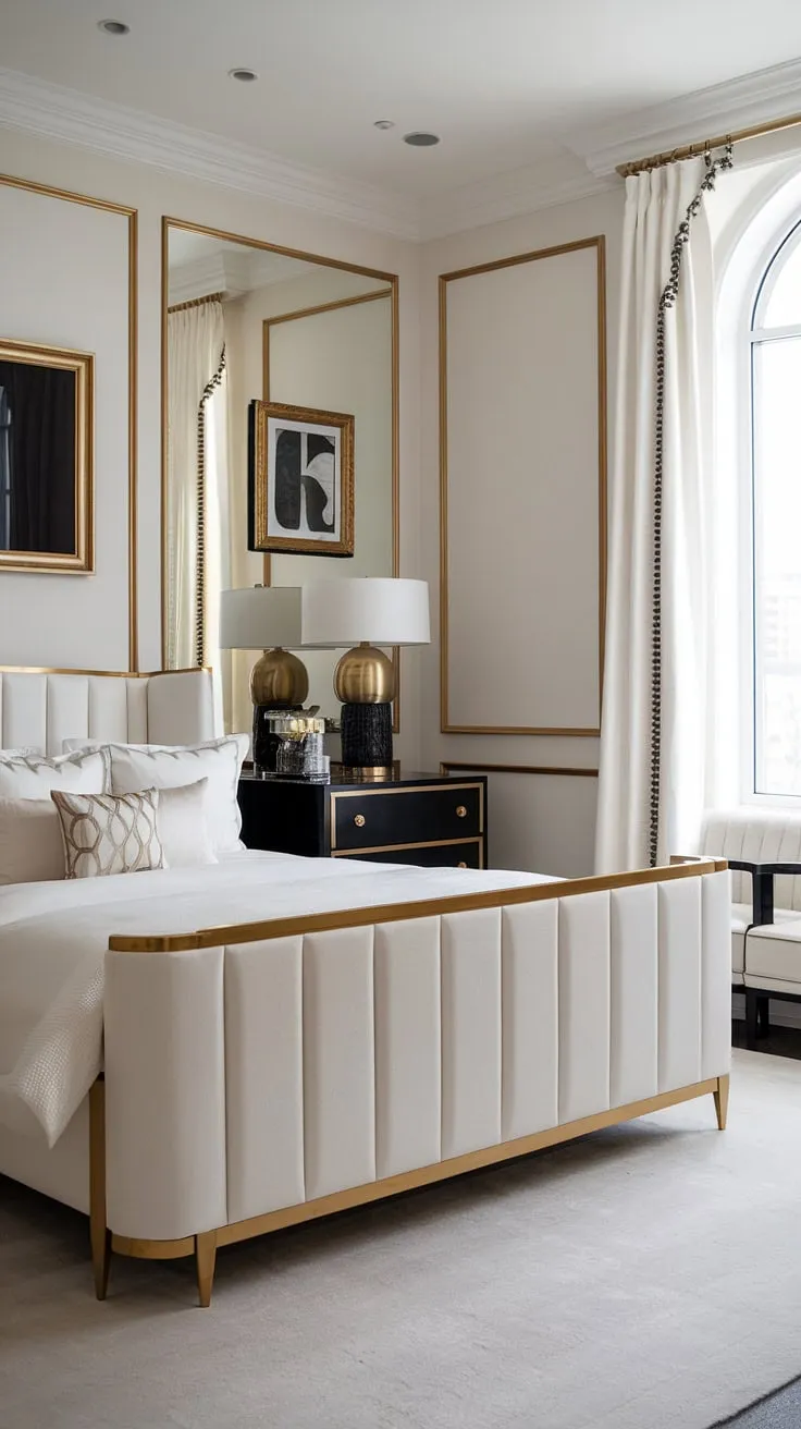 A masterclass in minimalist design. The interplay of white, black, and gold creates a sophisticated and calming atmosphere. A space designed for relaxation and refined living. A truly inspiring bedroom retreat.