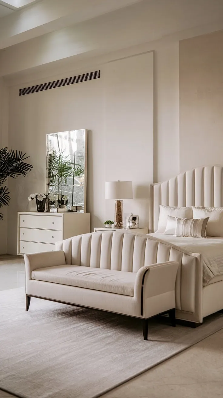 A minimalist dream realized. This all-white bedroom is the epitome of sophisticated simplicity. The king-size bed, elegant dresser, and subtle pops of greenery create a space that is both calming and undeniably chic. A testament to refined living.