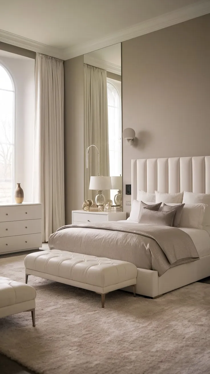 Serenity redefined. A sanctuary of calm, this minimalist bedroom offers a haven of understated elegance, where every detail is thoughtfully considered, creating a space of pure tranquility. The soft grey walls and crisp white furnishings contribute to an atmosphere of blissful rest.