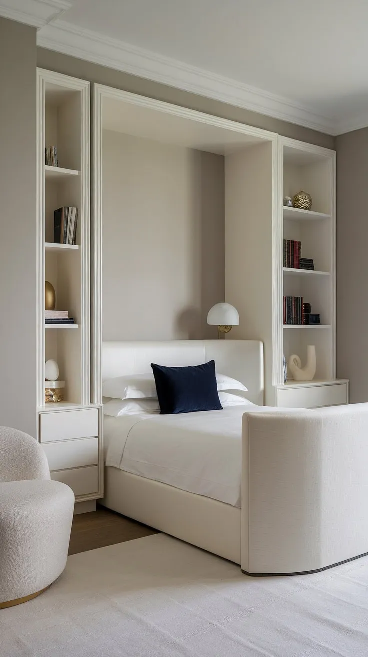 A haven of calm. This small but perfectly formed bedroom showcases the power of minimalist design. The crisp white palette, accented by a pop of navy, and thoughtfully placed shelving create a sophisticated and inviting atmosphere. A true testament to less is more.