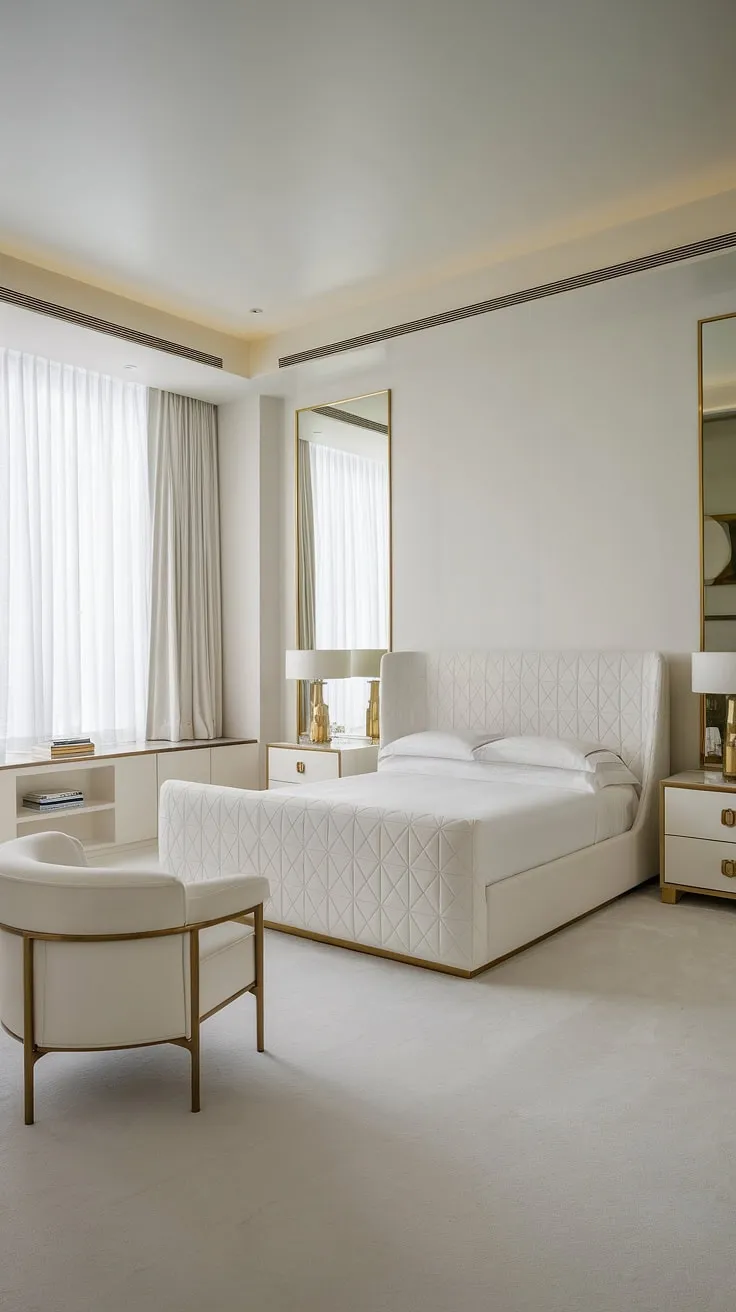 Pure, pristine, and perfectly styled. This bedroom's minimalist design showcases the beauty of simplicity, with luxurious textures and carefully chosen gold details elevating the space to a haven of tranquility. The result is a bedroom that feels both calming and incredibly chic.