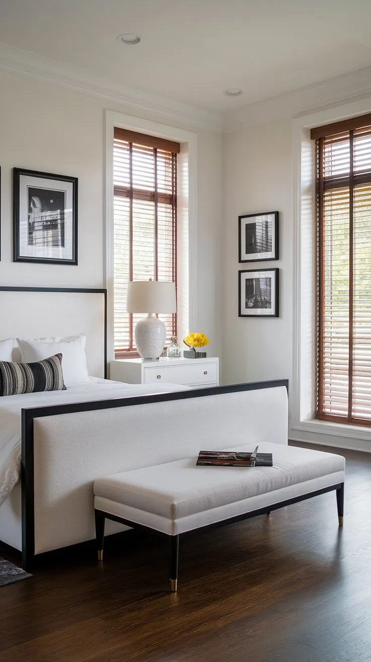 Wake up to understated elegance in this minimalist master suite. The crisp white bedding and furniture, accented by black framing and a few carefully chosen pops of color, create a serene and sophisticated atmosphere. Natural light streams in through the wooden blinds, illuminating the dark wood floors and highlighting the carefully curated artwork. A sanctuary of calm and refined style.