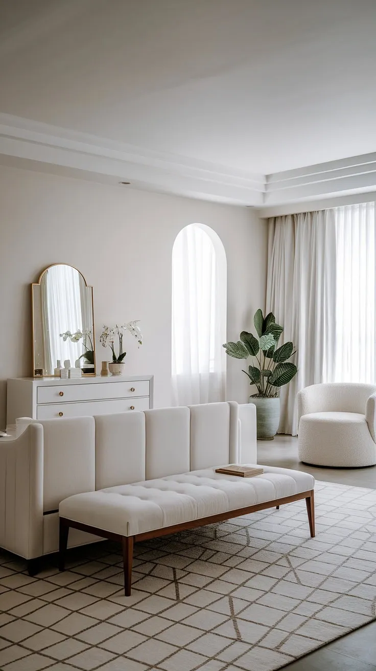 This master bedroom is the epitome of modern elegance. The carefully curated details, from the geometric rug to the simple yet stunning wooden bed frame, create a space that is both calming and inspiring. The abundance of natural light and the thoughtful placement of greenery contribute to a feeling of airy spaciousness and tranquil beauty.