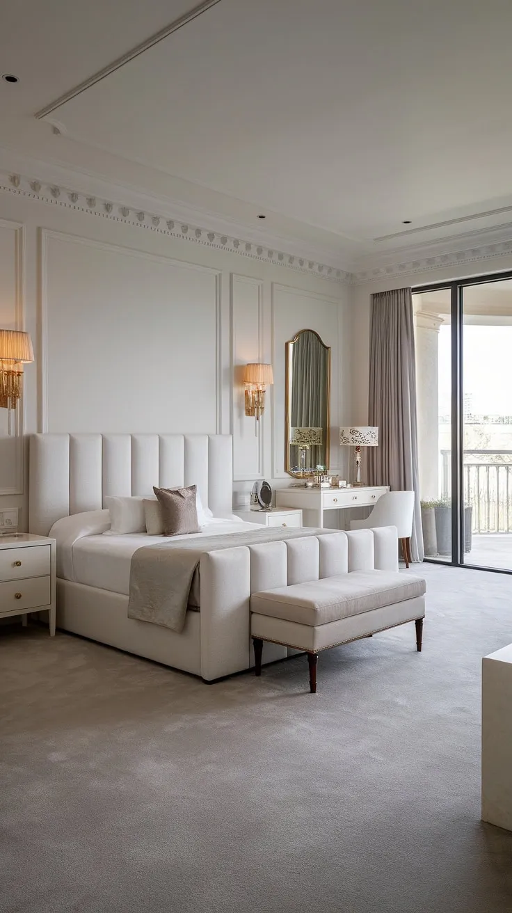 Indulge in the ultimate escape. This bedroom's minimalist aesthetic, featuring a plush king-size bed and elegant white dresser, is the epitome of sophisticated comfort. A sliding glass door opens to a private balcony, offering a seamless transition between indoor serenity and outdoor tranquility. A truly luxurious retreat.