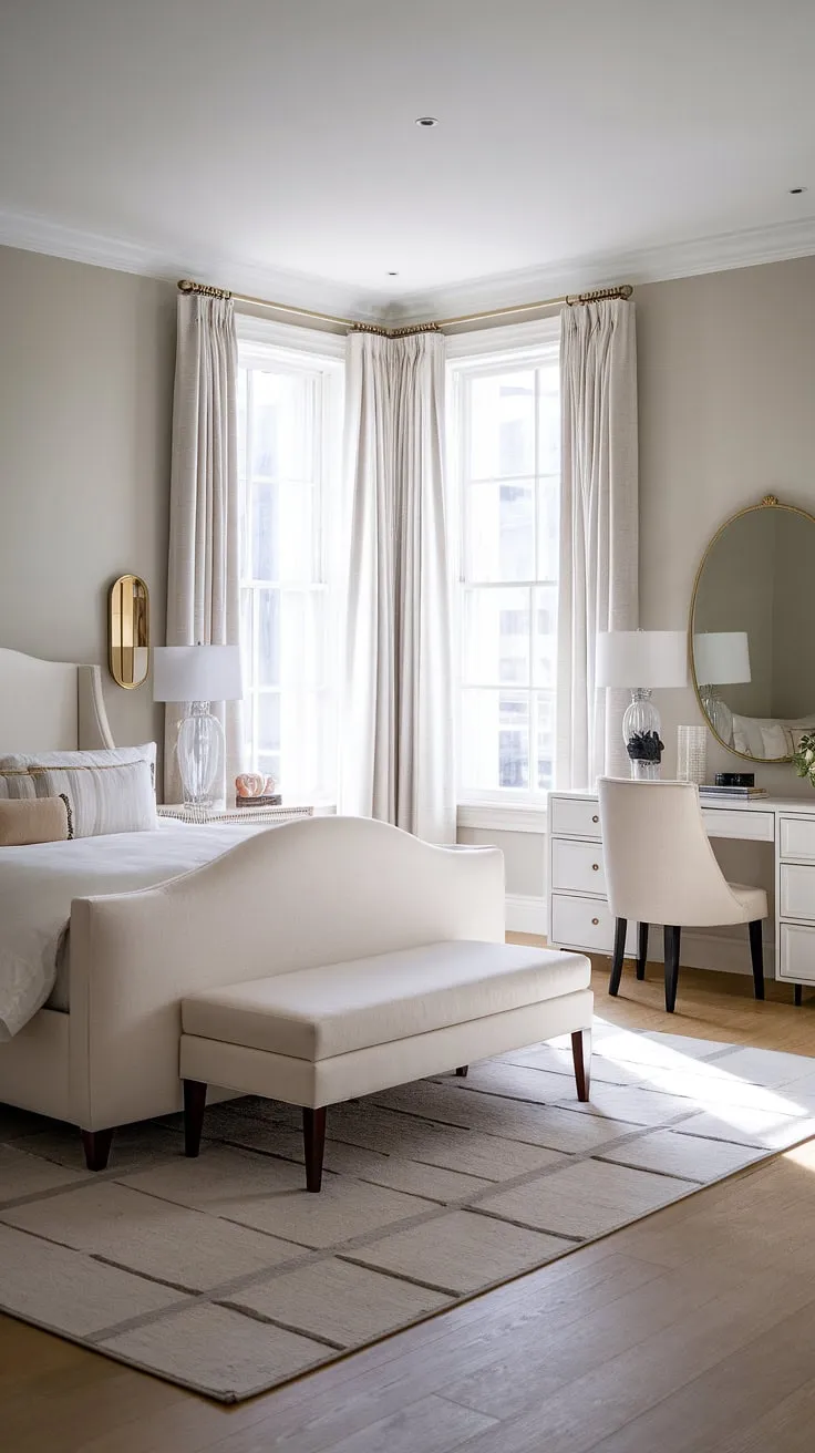 Wake up to serenity in this minimalist haven. The soft grey walls, luxurious white bedding, and pops of color create a calming atmosphere perfect for unwinding after a long day. A true sanctuary of understated elegance.