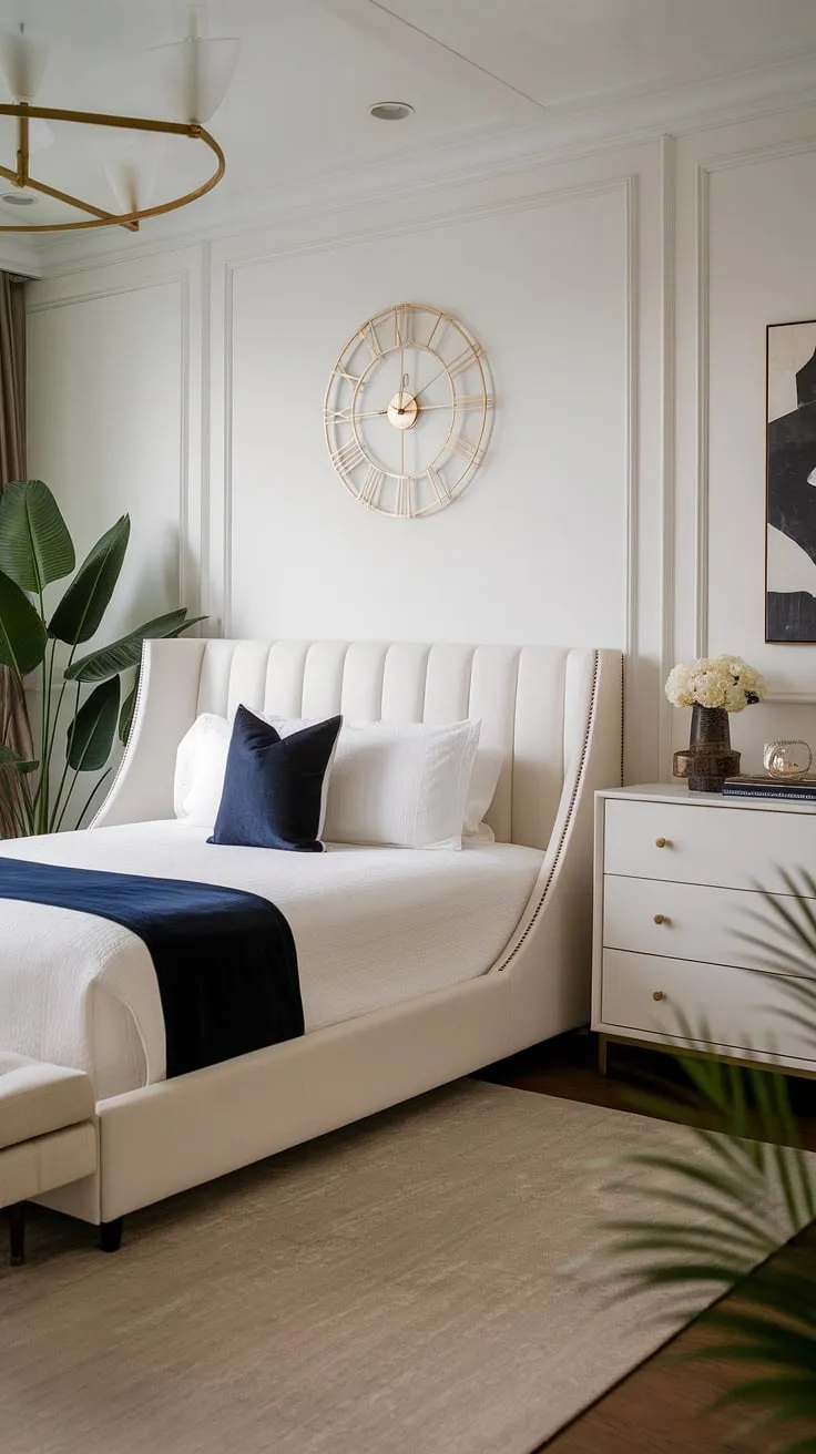 A haven of calm. This exquisitely designed bedroom showcases the beauty of minimalist living. The white palette is punctuated by subtle pops of color and texture, creating a space that is both elegant and inviting. A testament to the power of understated luxury.