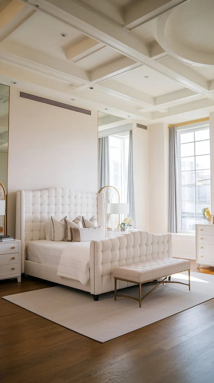 Wake up to effortless elegance in this minimalist haven. The crisp white palette, punctuated by subtle pops of color, creates a serene atmosphere, while the high ceilings and abundant natural light amplify the sense of spaciousness and calm. A perfect sanctuary for restful nights and rejuvenating mornings.