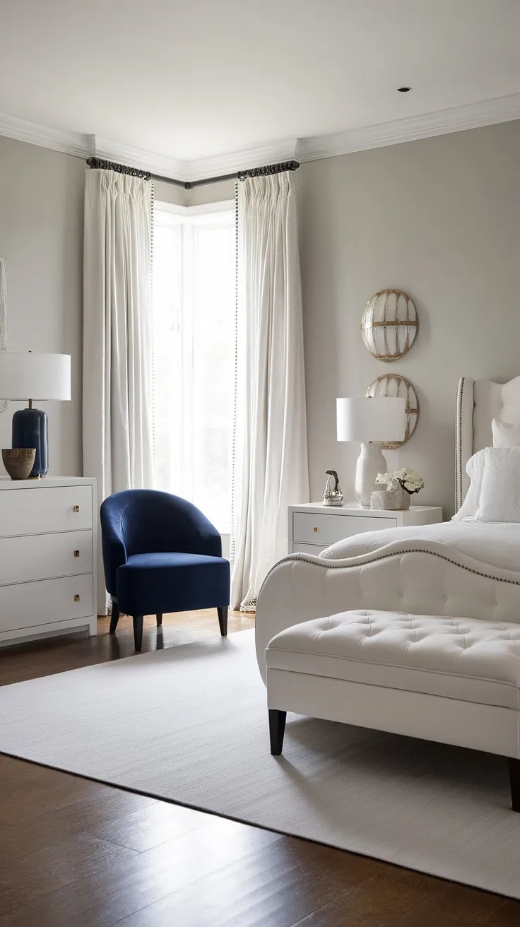 Wake up to understated elegance in this minimalist haven. The calming gray walls, crisp white furnishings, and subtle pops of navy create a serene atmosphere perfect for restful nights and rejuvenating mornings. A sanctuary of calm, designed for sophisticated living.