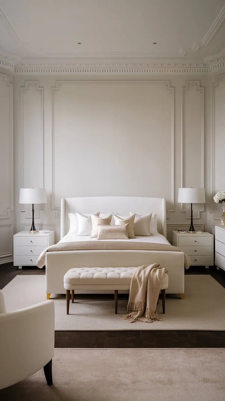 This luxurious minimalist bedroom is a testament to refined living. The clean lines, carefully curated details, and calming color scheme create a space that is both stylish and incredibly restful. A haven of peace and quiet.
