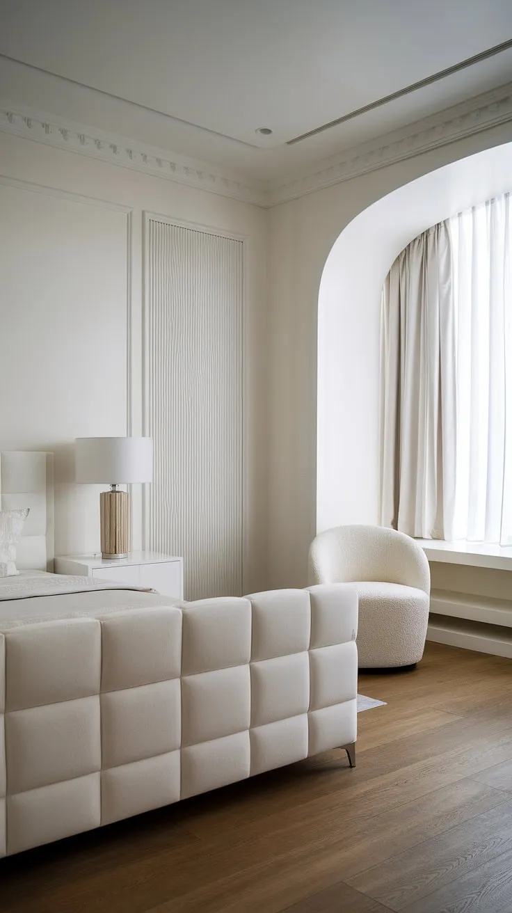 A sanctuary of serenity. The all-white palette, punctuated by subtle geometric textures, creates a haven of calm and understated elegance. This minimalist bedroom is a testament to the power of simplicity. A perfect example of how less is truly more.
