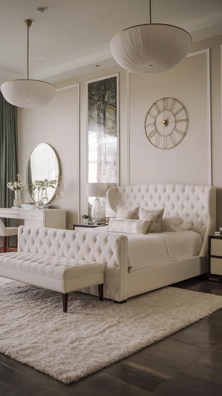 Indulge in the serenity of this minimalist bedroom. The crisp white palette, plush textures, and carefully curated details create a haven of calm and sophisticated style. A sanctuary designed for ultimate relaxation and peaceful slumber.