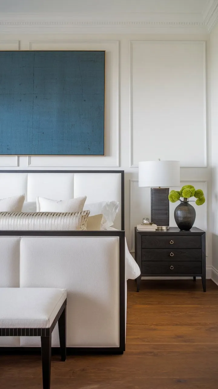 This serene sanctuary combines minimalist design with vibrant art and lush greenery, crafting a haven of modern elegance and restful tranquility.