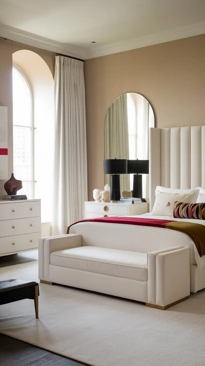This modern bedroom seamlessly combines understated luxury with a tranquil atmosphere through clean lines, a neutral palette, and carefully curated colorful accents.