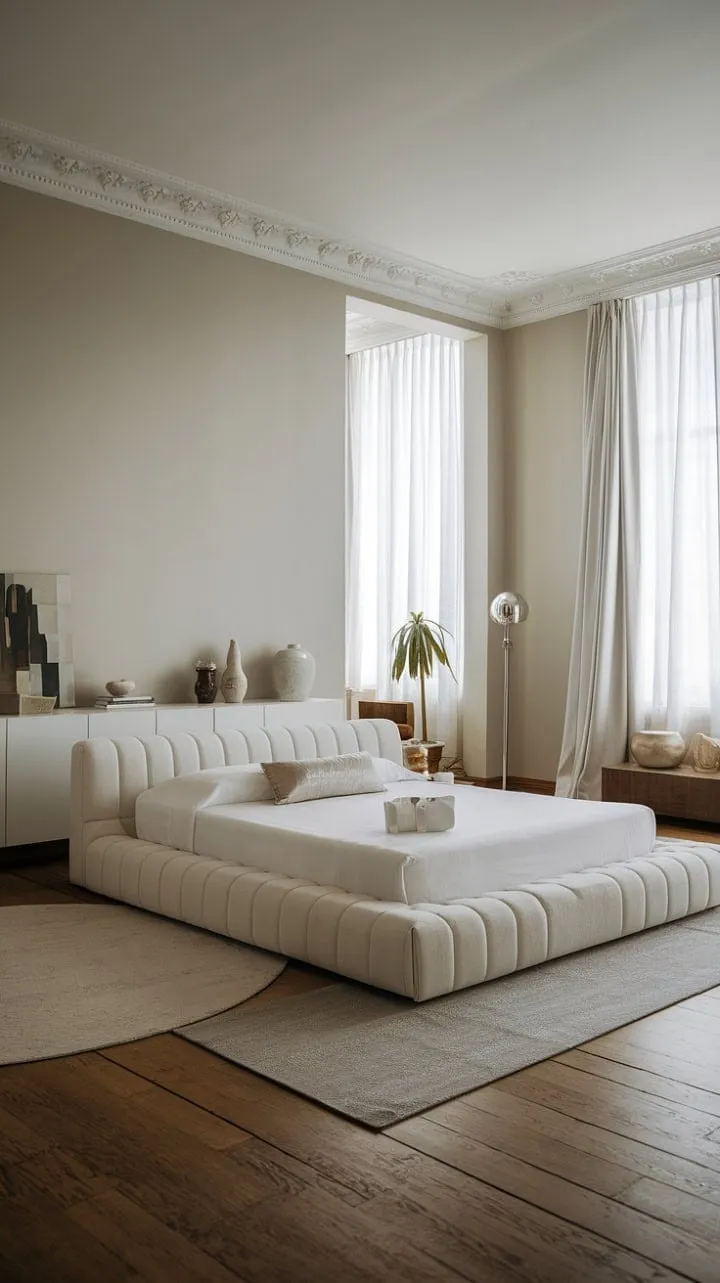 A serene sanctuary blends minimalist design with luxurious comfort, where soft greys and crisp whites harmonize under warm lighting and gentle natural light.