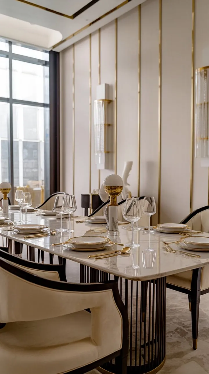 Experience the allure of luxury dining in a modern room adorned with marble and gold, where every detail, from fine china to silverware, promises an unforgettable culinary journey.