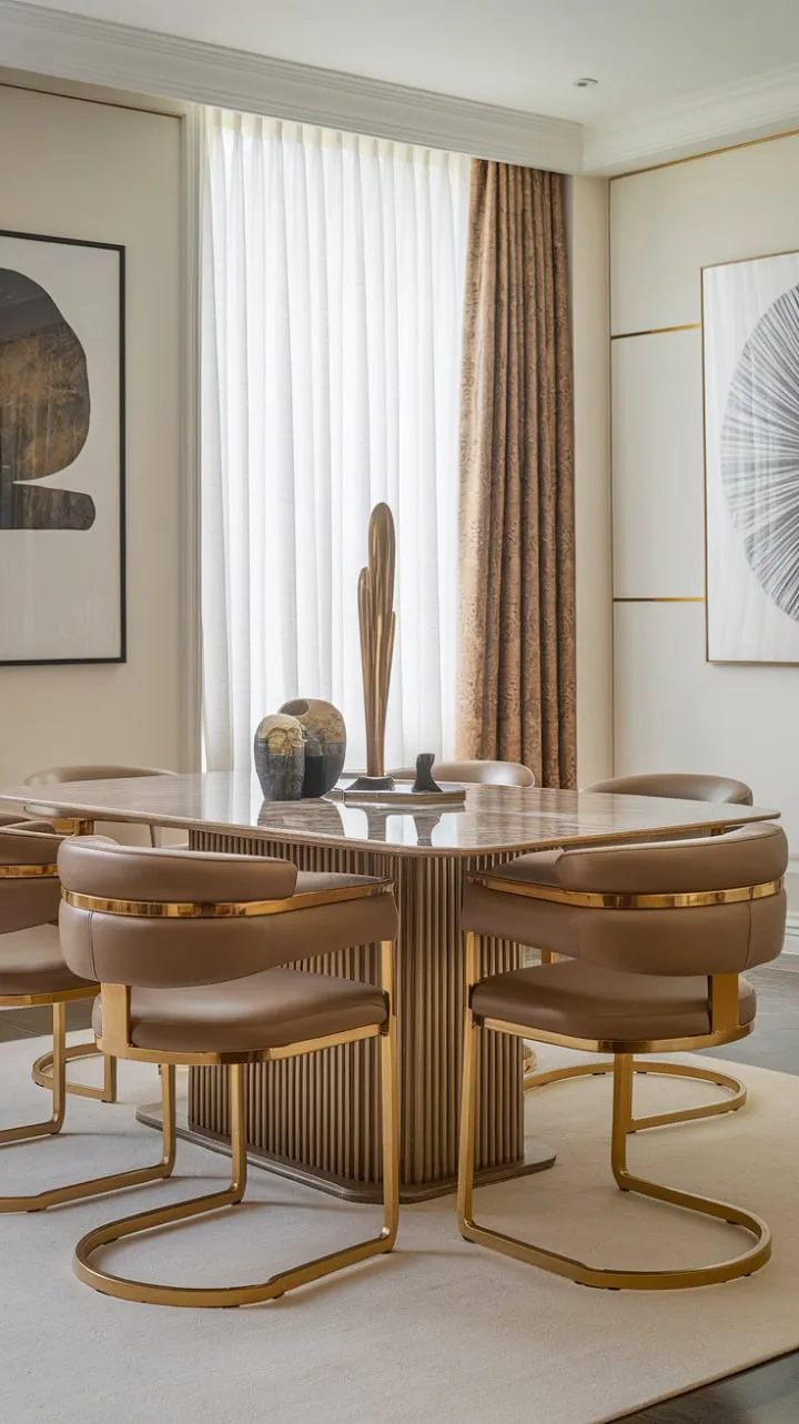 This elegantly designed dining space harmonizes cool marble and warm gold, creating a luxurious haven for connection and refined taste.