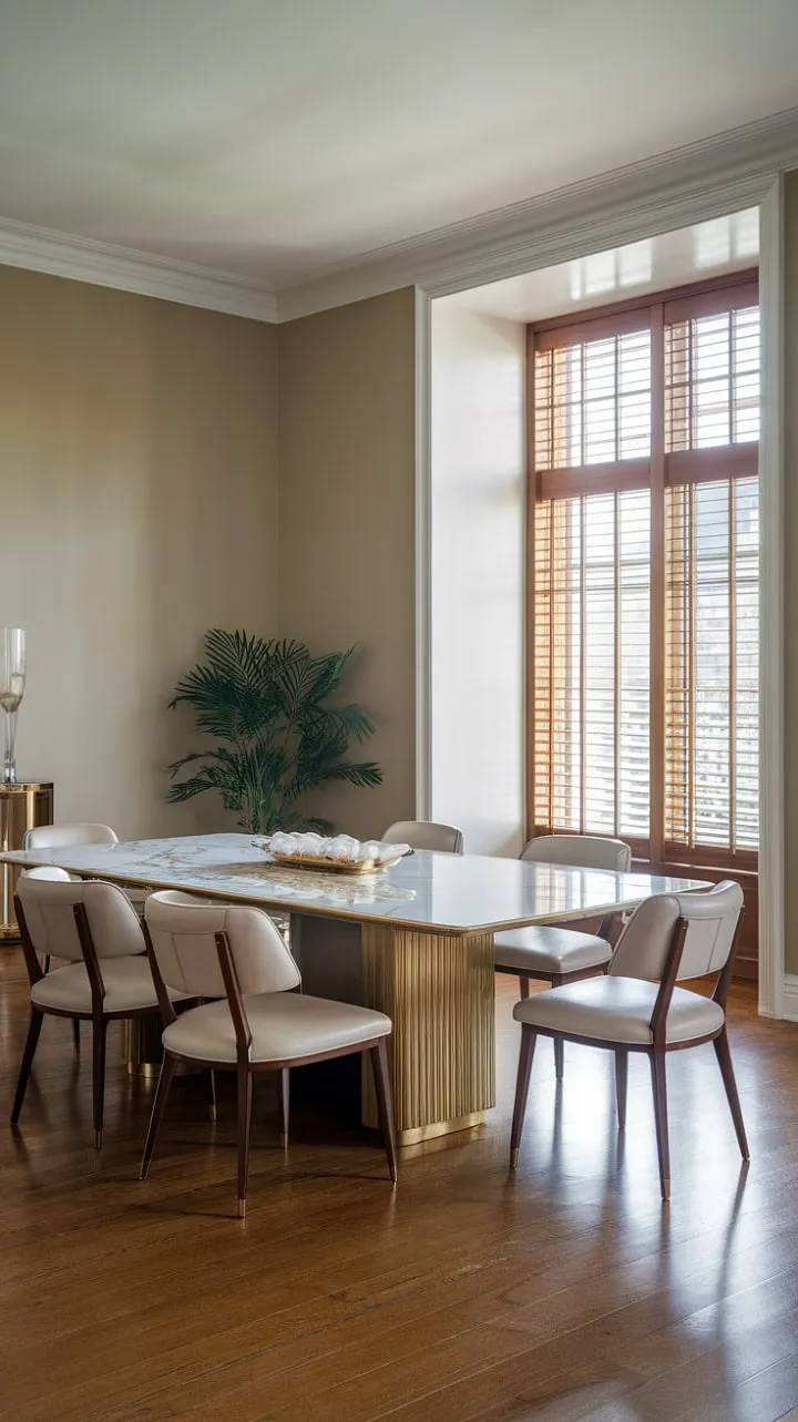 Experience the allure of effortless elegance in this sophisticated dining room, where marble, gold, and natural light converge to create a captivating ambiance for unforgettable moments.