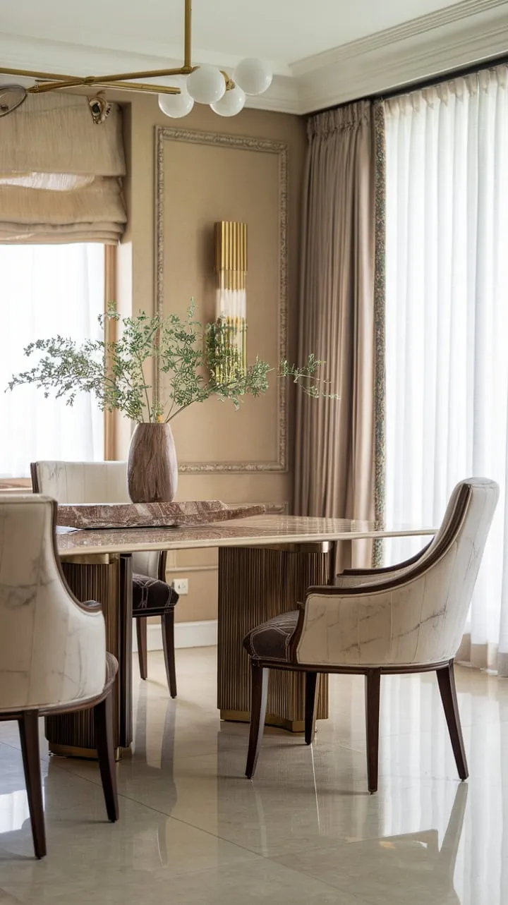 This serene dining room, illuminated by natural light, harmoniously blends rich textures and soft hues to create an inviting sanctuary for refined dining experiences.