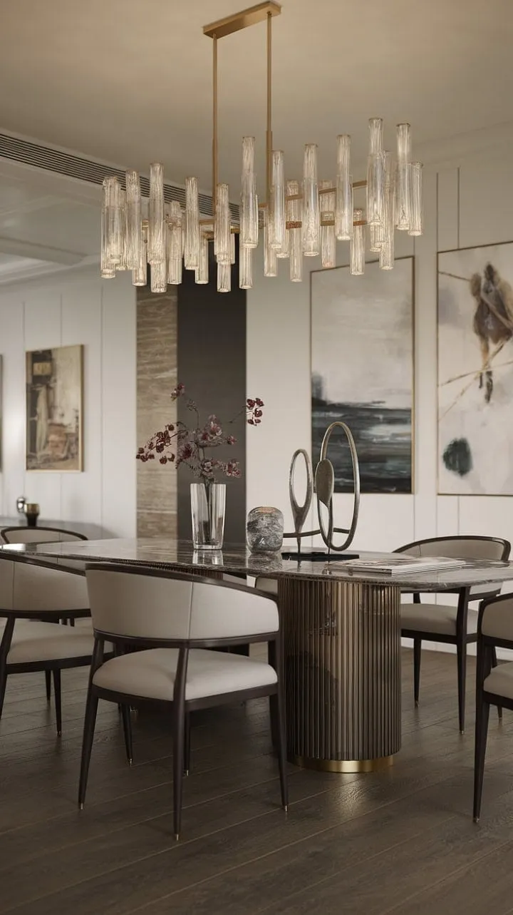 Experience the allure of modern elegance where a shimmering gold chandelier and plush chairs invite you to savor unforgettable meals in a symphony of textures and light.