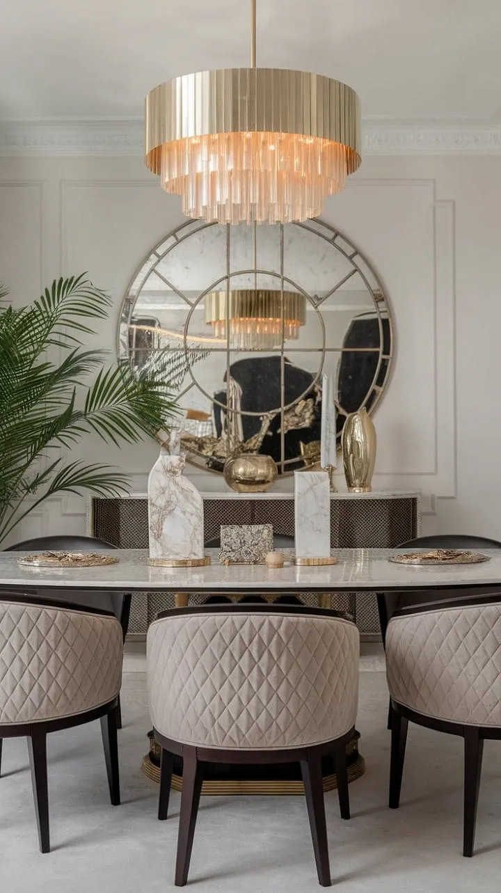 This dining room masterfully combines the opulence of gold and marble with inviting decor, epitomizing modern luxury and understated elegance.