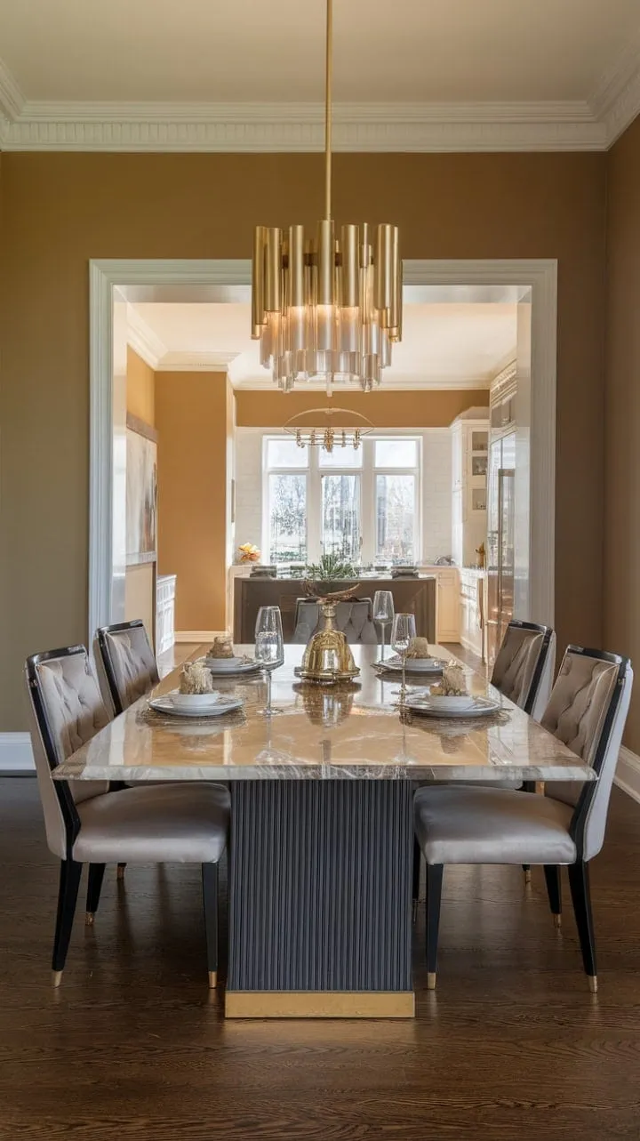 Experience sophisticated comfort in a modern dining space where warm gray tones and gold accents set the stage for unforgettable gatherings around a luxurious marble table beneath a stunning chandelier.